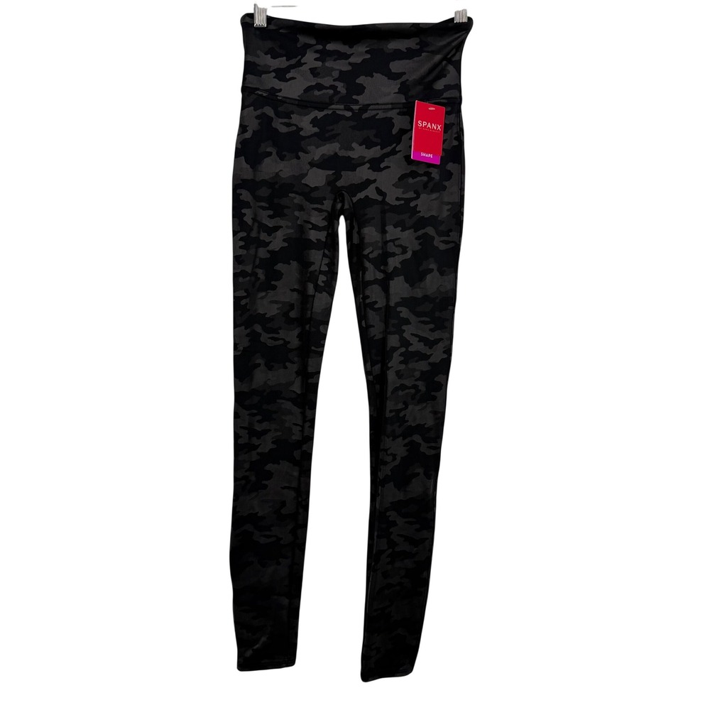 Spanx Sculpt Faux Leather Camo Leggings Black Gray High Waist Shaping Small NWT